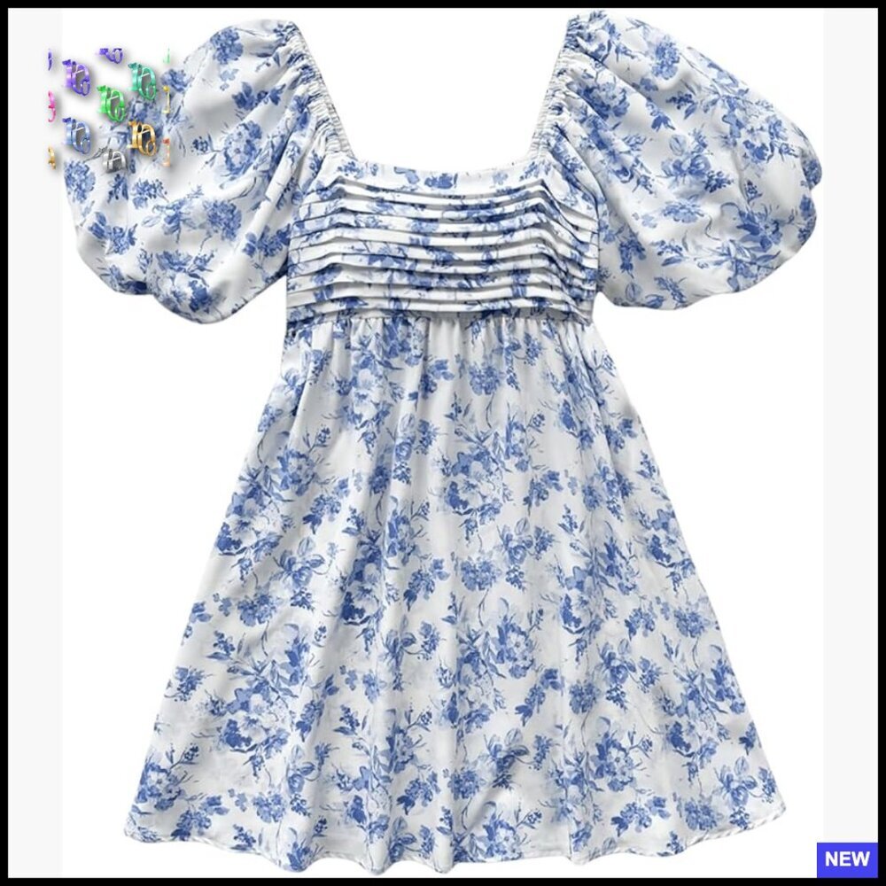 Floral Puff Sleeve Square Neck Mini Dress Boho Chic Summer Picnic Casual